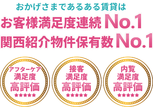 おかげさまであるある賃貸はお客様満足度連続No.1、関西紹介物件保有数No.1 アフターケア満足度高評価、接客満足度高評価、内覧満足度高評価